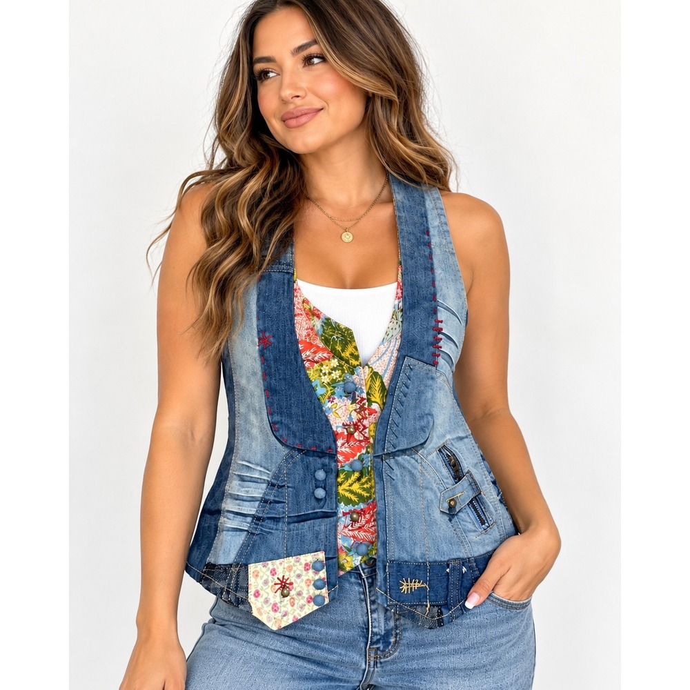 Desigual Patchwork Denim Vest Blue Floral Embroidered Boho Artisanal Size M y2k